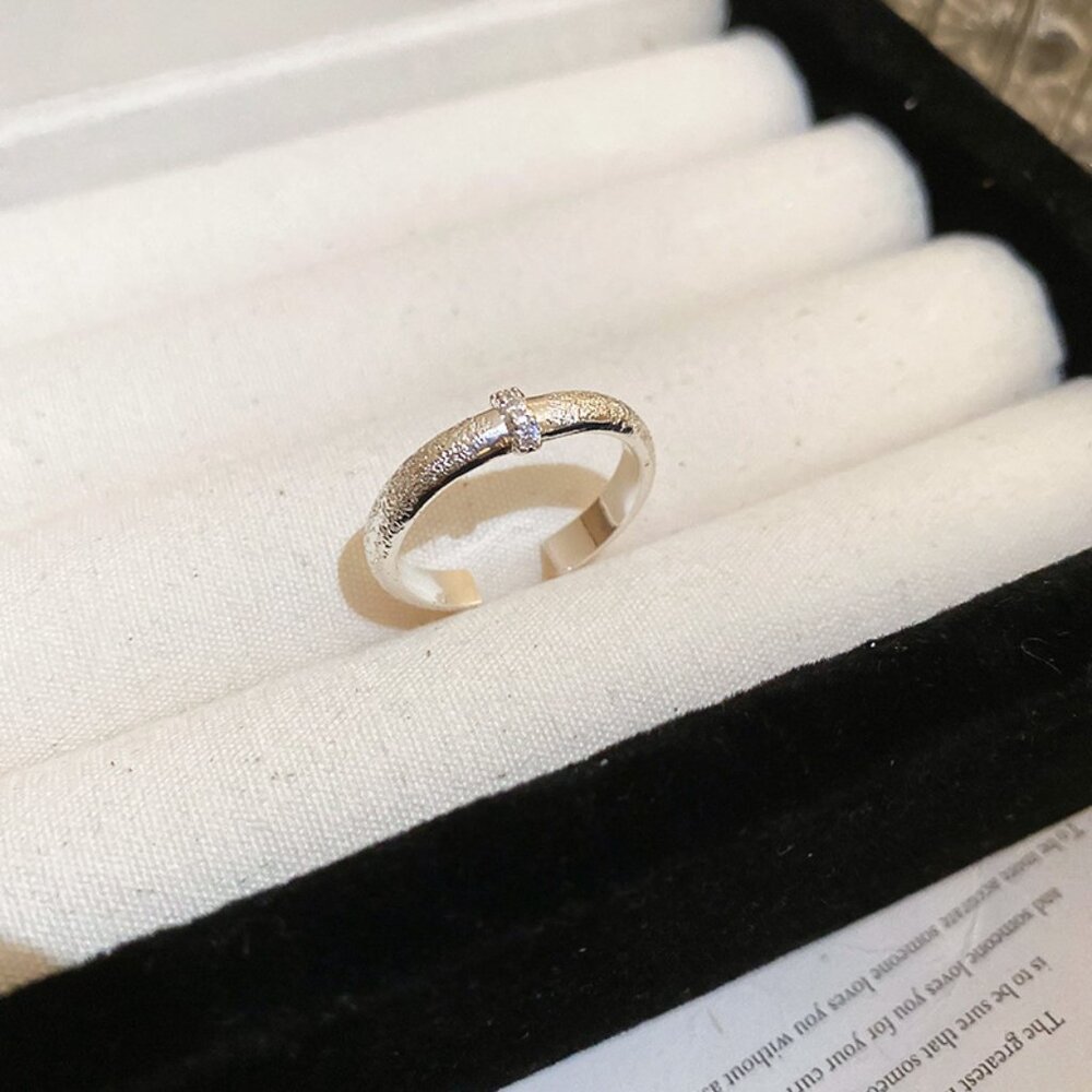 Silver Open Ring Adjustable Minimalist CZ Ring Textured Band Ring